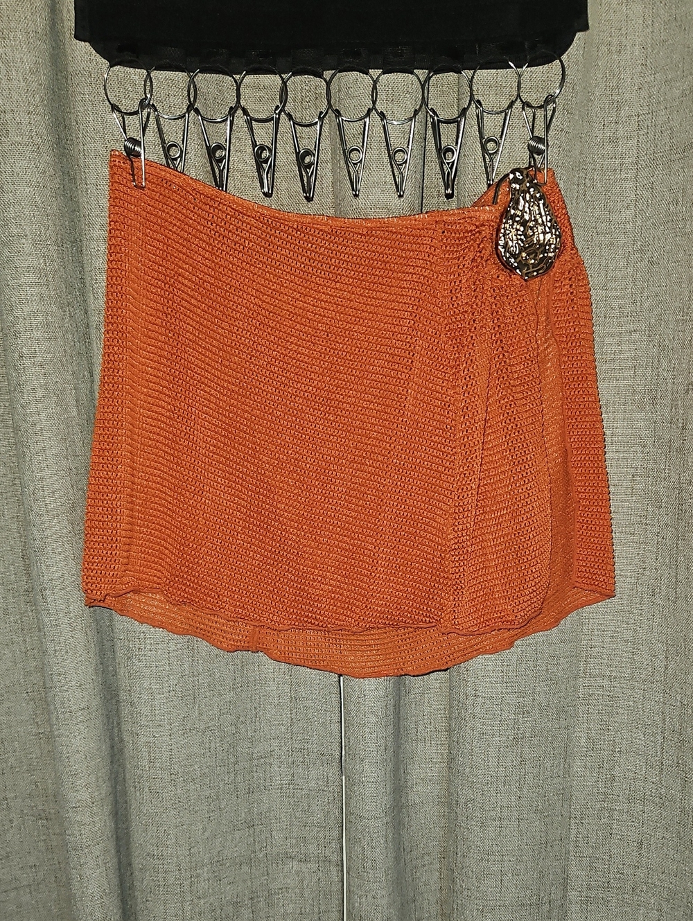 Women's Bikini Orange Cover Up Knit Mini Skirt with Decorative Brooch